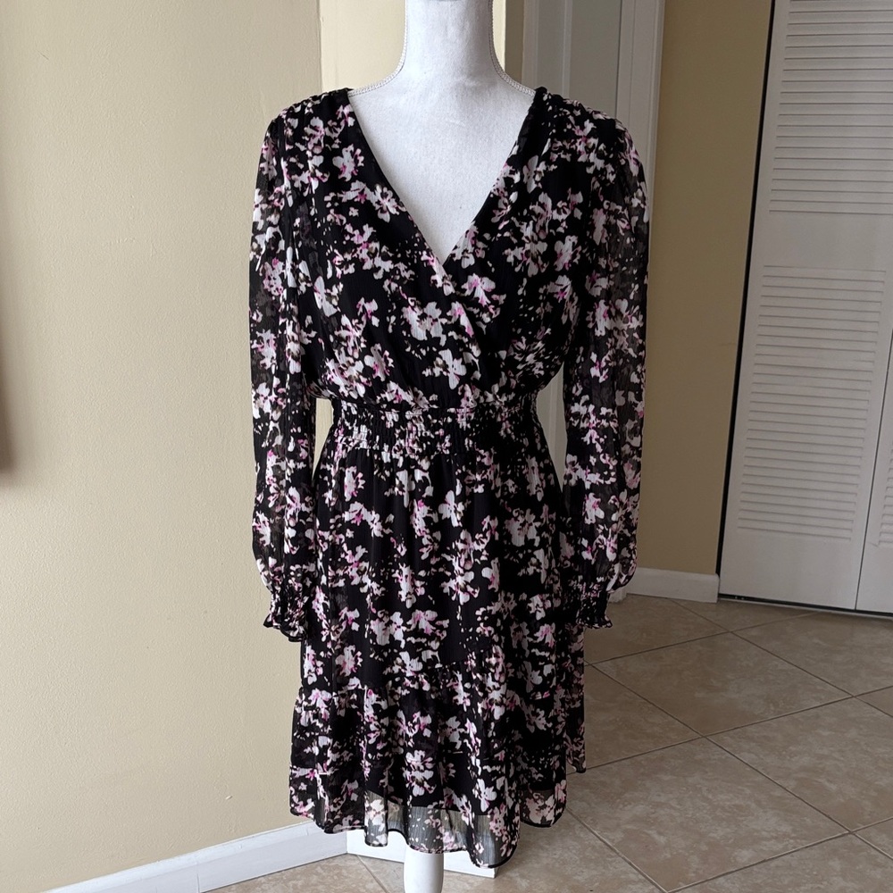 DKNY Black and Pink Floral Long Sleeve Dress
